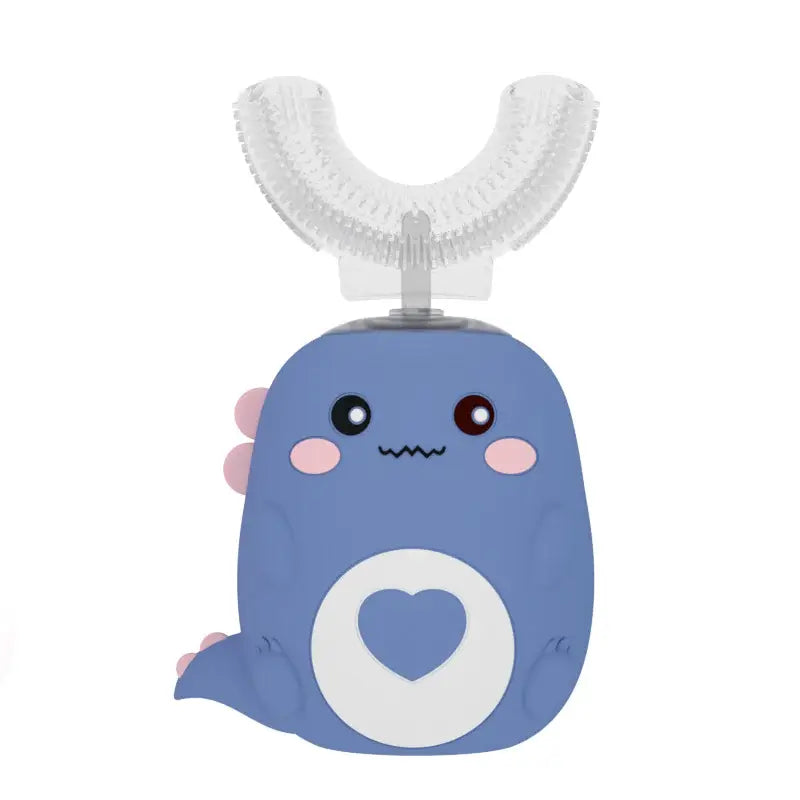 Cute blue U-shaped electric toothbrush for kids, promoting fun oral hygiene with gentle cleaning.