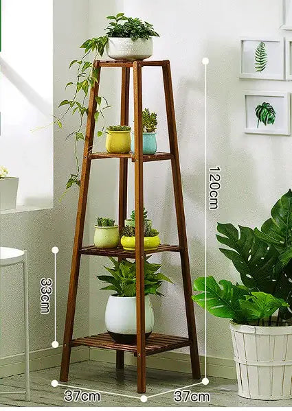 Tiered indoor plant display stand showcasing multiple levels for vibrant plant arrangement in a stylish living room setting.