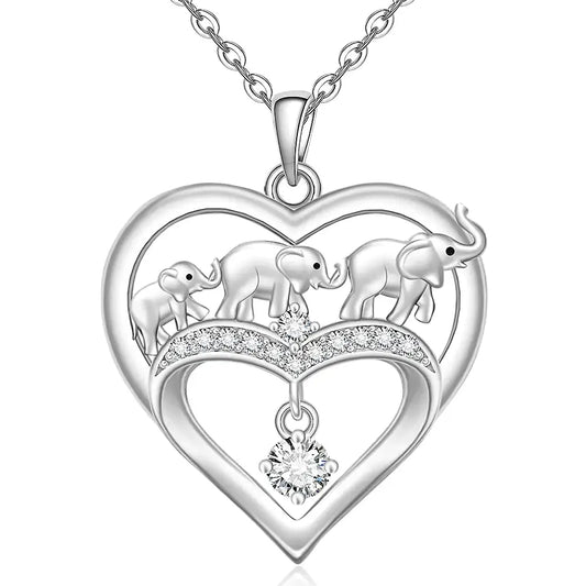 925 Sterling Silver elephant necklace with heart-shaped pendant and sparkling birthstone accent.