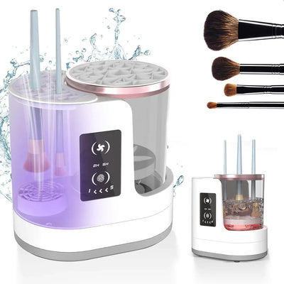 SwiftBrush Electric Makeup Brush Cleaner & Dryer with USB power, stylish transparent design for effective cleaning.