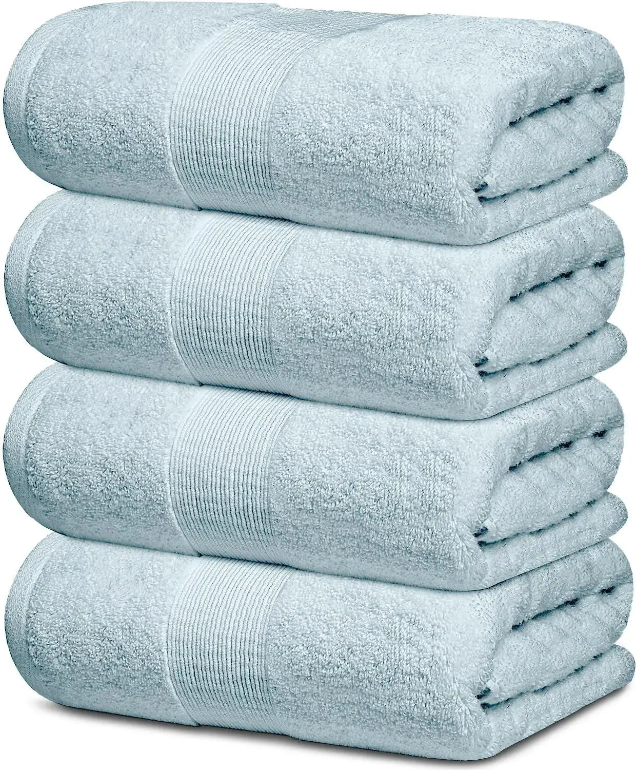 4 Pack Light Blue Soft Bath Towels neatly stacked, measuring 28x55 inches, made from 700 GSM 100% combed cotton.