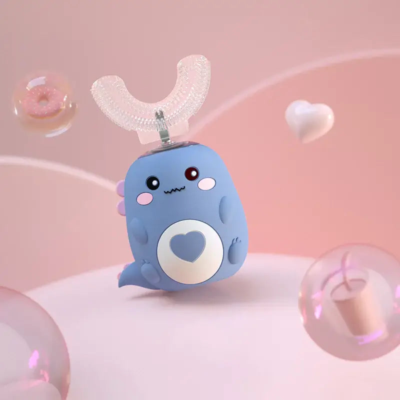 Kids' U-shaped electric toothbrush designed for fun oral hygiene with soft bristles and gentle vibrations.