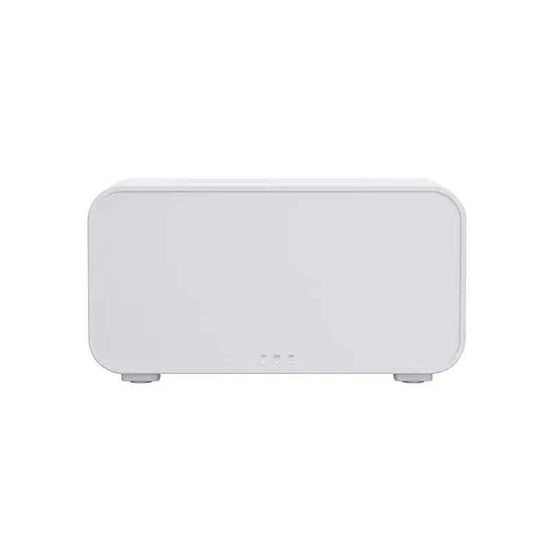 USB flame-effect humidifier in white, showcasing a sleek design and control buttons for aromatherapy.
