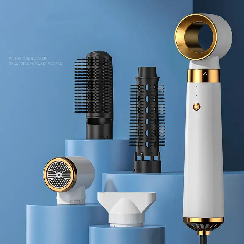 Five-in-one hair styling tool with various attachments for effortless drying, curling, and styling.
