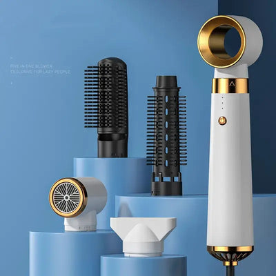 Five-in-one hair styling tool with various attachments for effortless drying, curling, and styling.