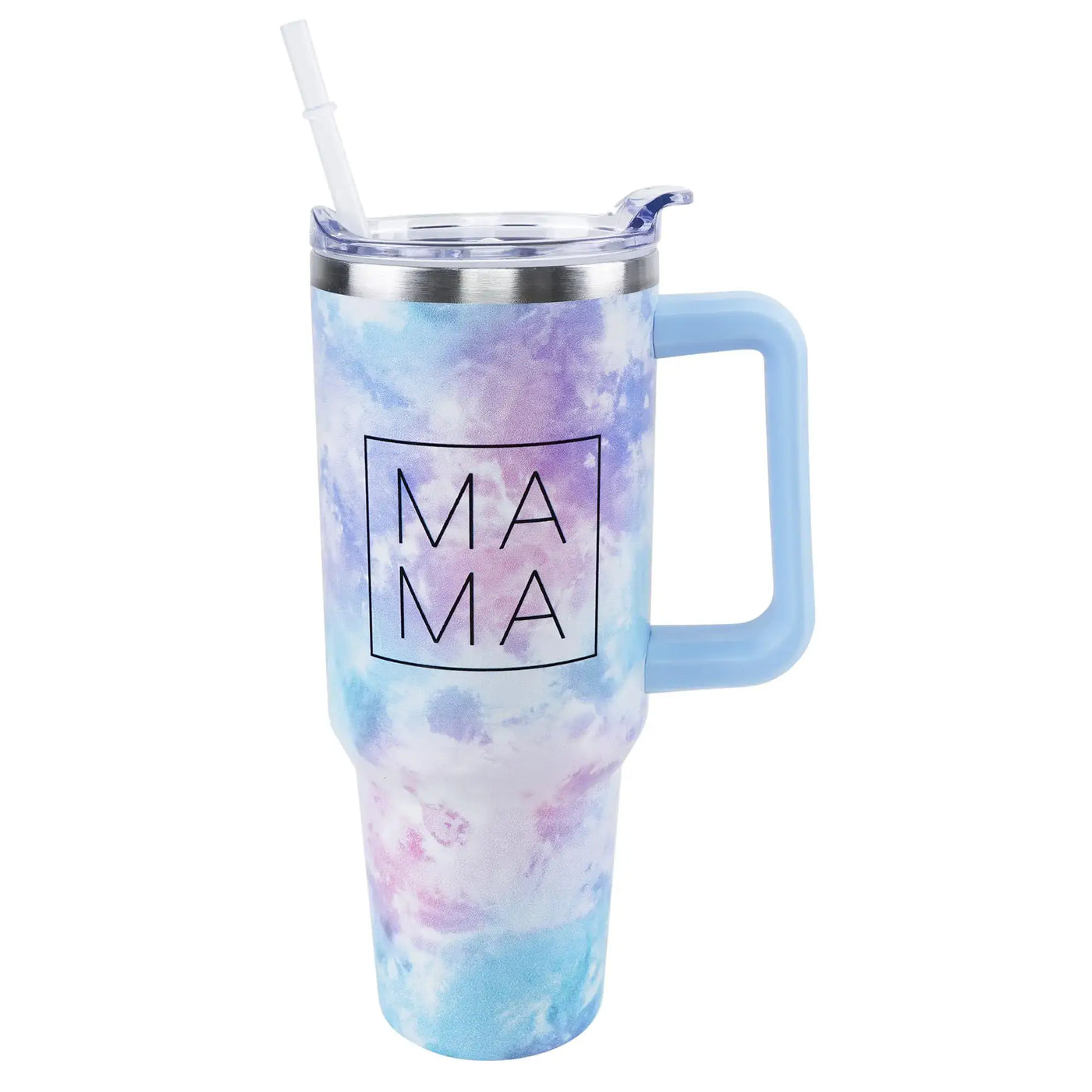 30 oz stainless steel tumbler with handle and straw, tie-dye design, perfect gift for mom or everyday use.