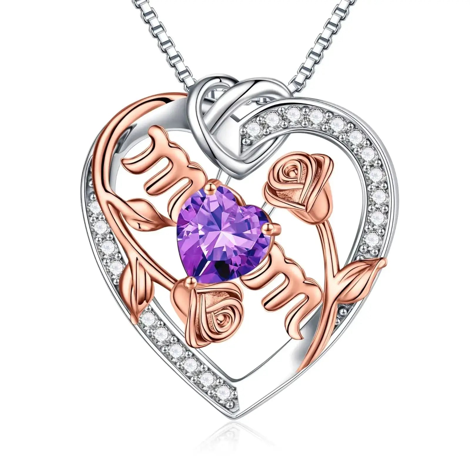 Sterling silver heart necklace for mom with purple birthstone and rose design, a perfect heartfelt gift.