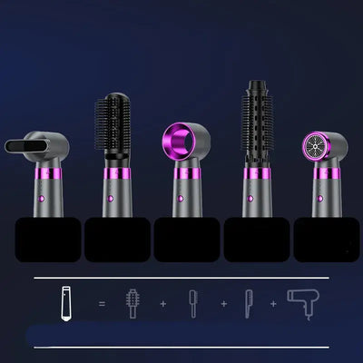 Five attachments of the Ultimate Style 5-in-1 Hair Tool for drying, curling, straightening, and volumizing hair.