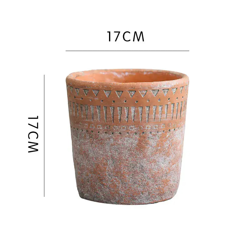 Vintage red clay pot with African design, 17cm, perfect for home gardening and decoration.