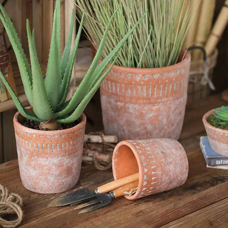 Vintage red clay flower pots with African design elements, featuring succulents and gardening tools on a rustic table.
