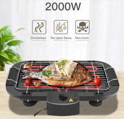 EuroGrill Electric Barbeque showcasing a 2000W smokeless grill with fish and vegetables, ideal for 4-5 people.