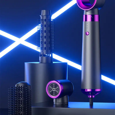 Ultimate Style 5-in-1 hair tool with multiple attachments for drying, curling, and styling hair effortlessly.